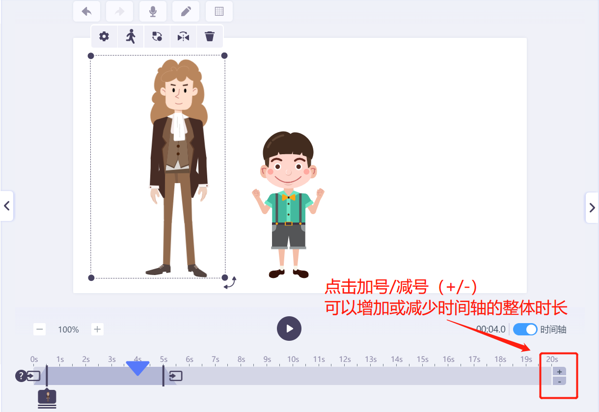 使用时间轴上（+、-）符号增加减少该场景的时长